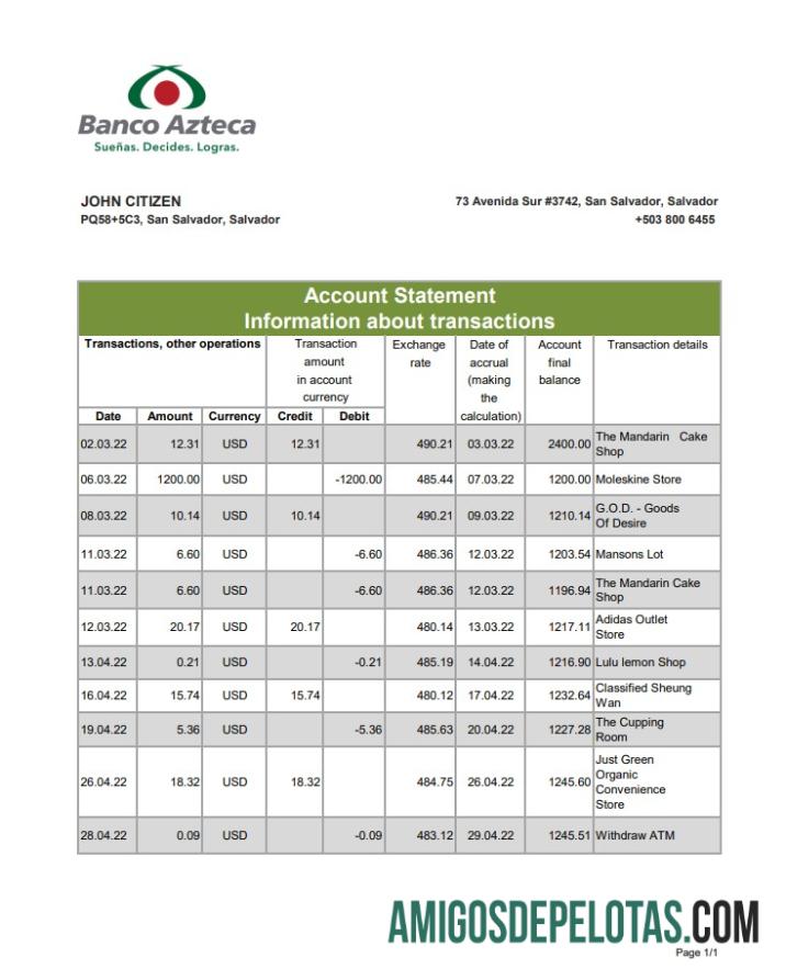 Salvador Banco Azteca Bank Statement Xls amostra